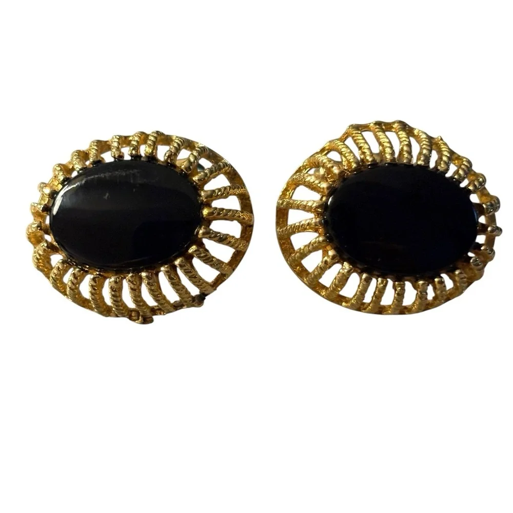 Vintage Destino Cufflinks‎ Black Center Gold Tone Oval Open Work Dome Design MCM